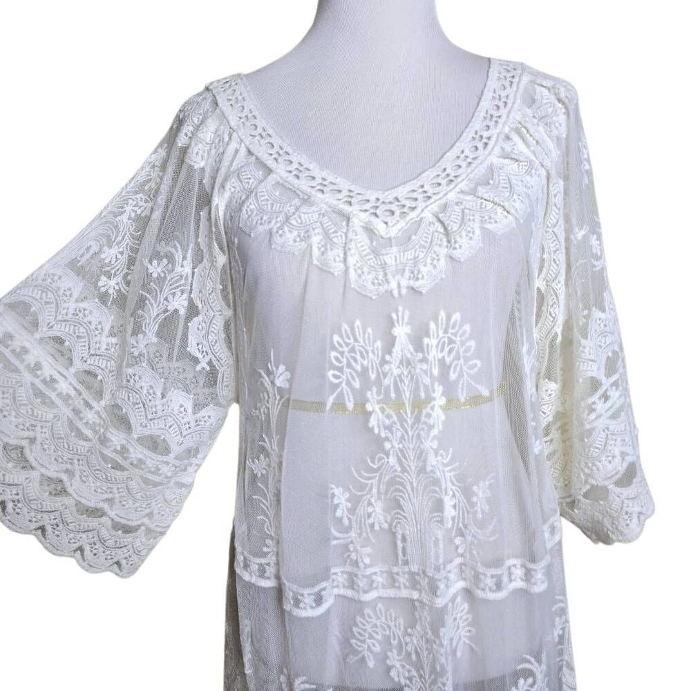 Boho White Sheer Floral Lace Overlay Cover Up Dress Flowy Bell Sleeve OS